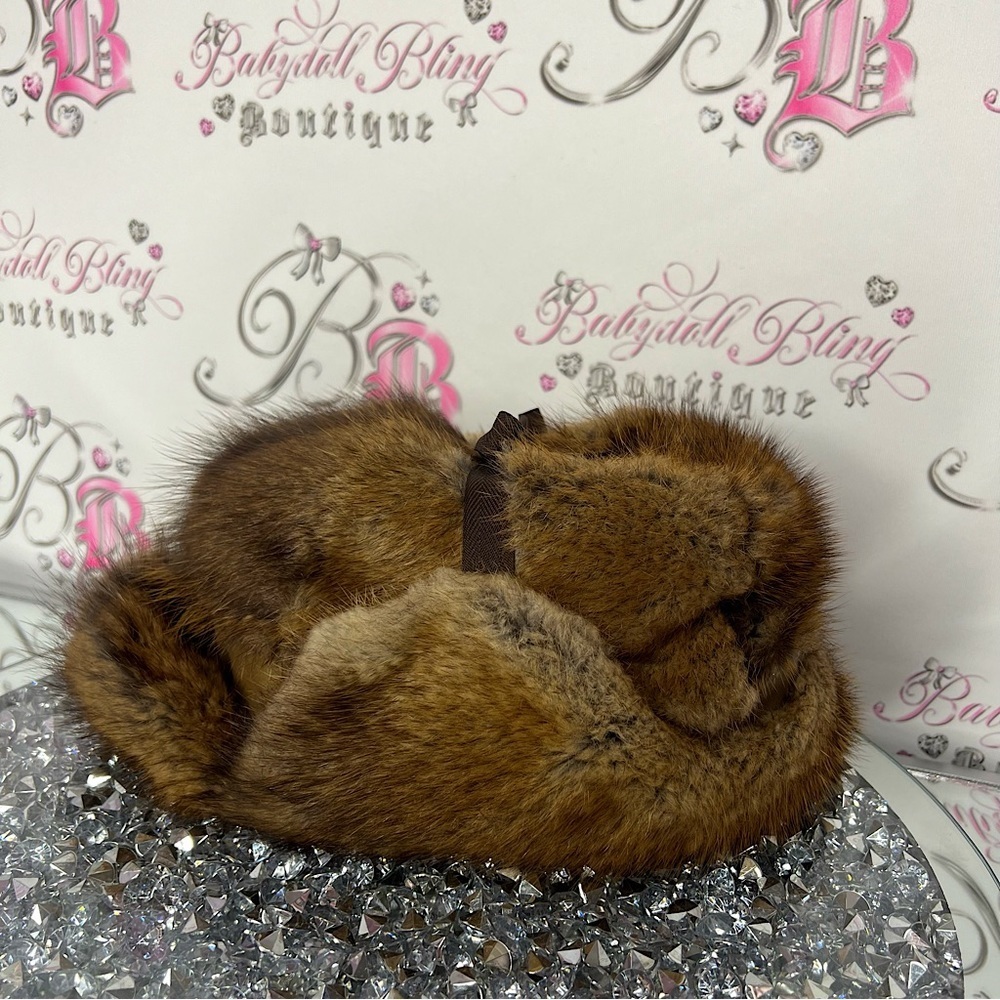 Beaver fur hat toque winter handmade ribbon tie up top military style warm furry